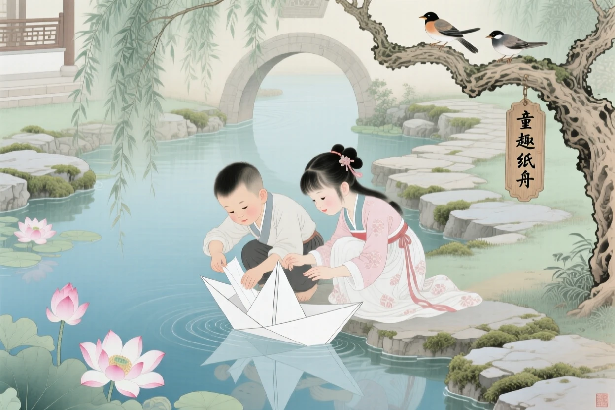Siblings building a small boat from paper to float down a garden stream