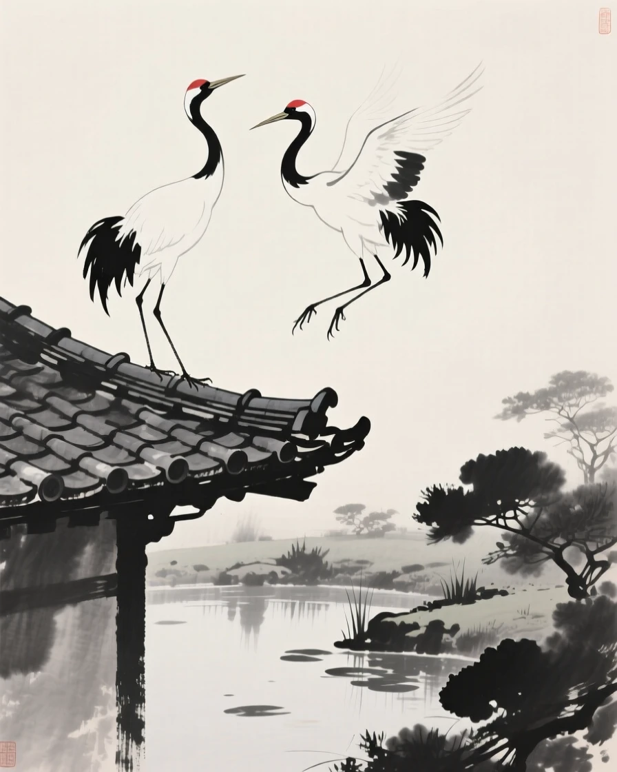 A pair of cranes landing gently on a rooftop tile over a tranquil garden pond, silhouetted softly against the fading light, suggesting renewal and the gentle passage of seasons.