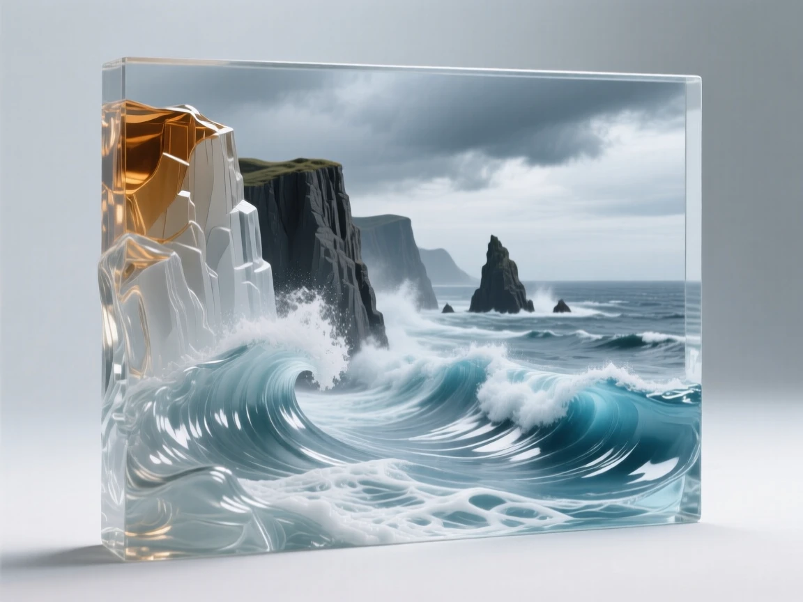 A coastline where cliffs meet crashing ocean waves, beneath a sky filled with drifting storm clouds