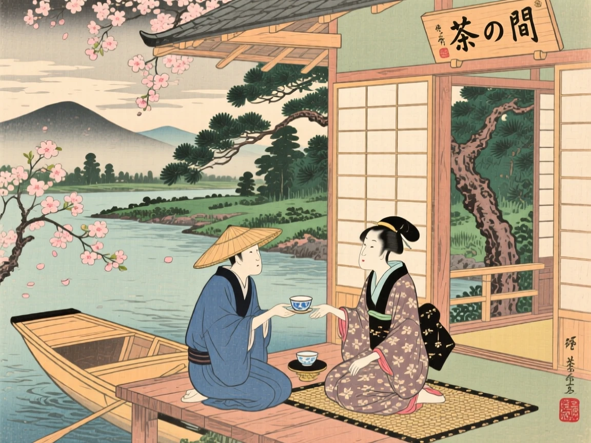 A boatman sharing tea and quiet conversation on a veranda.