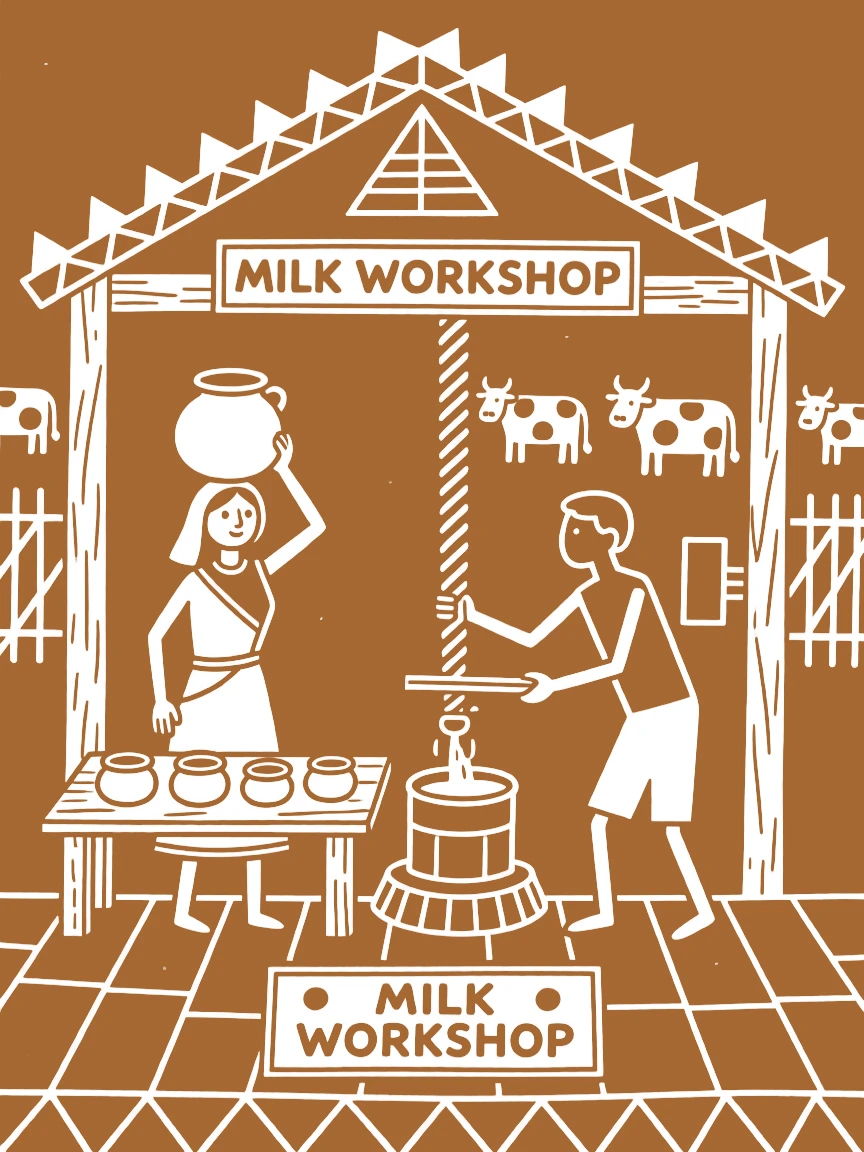 A milkmaid working alongside a spouse in a small workshop.