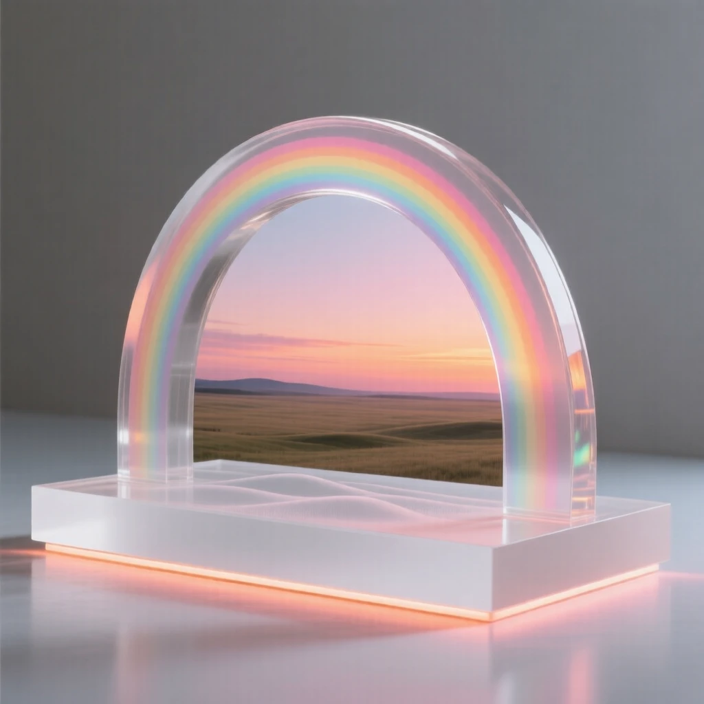 A rainbow arching over a wide open plain after a storm with the horizon glowing in shades of orange and pink, while the wind carries the scent of rain across the plain