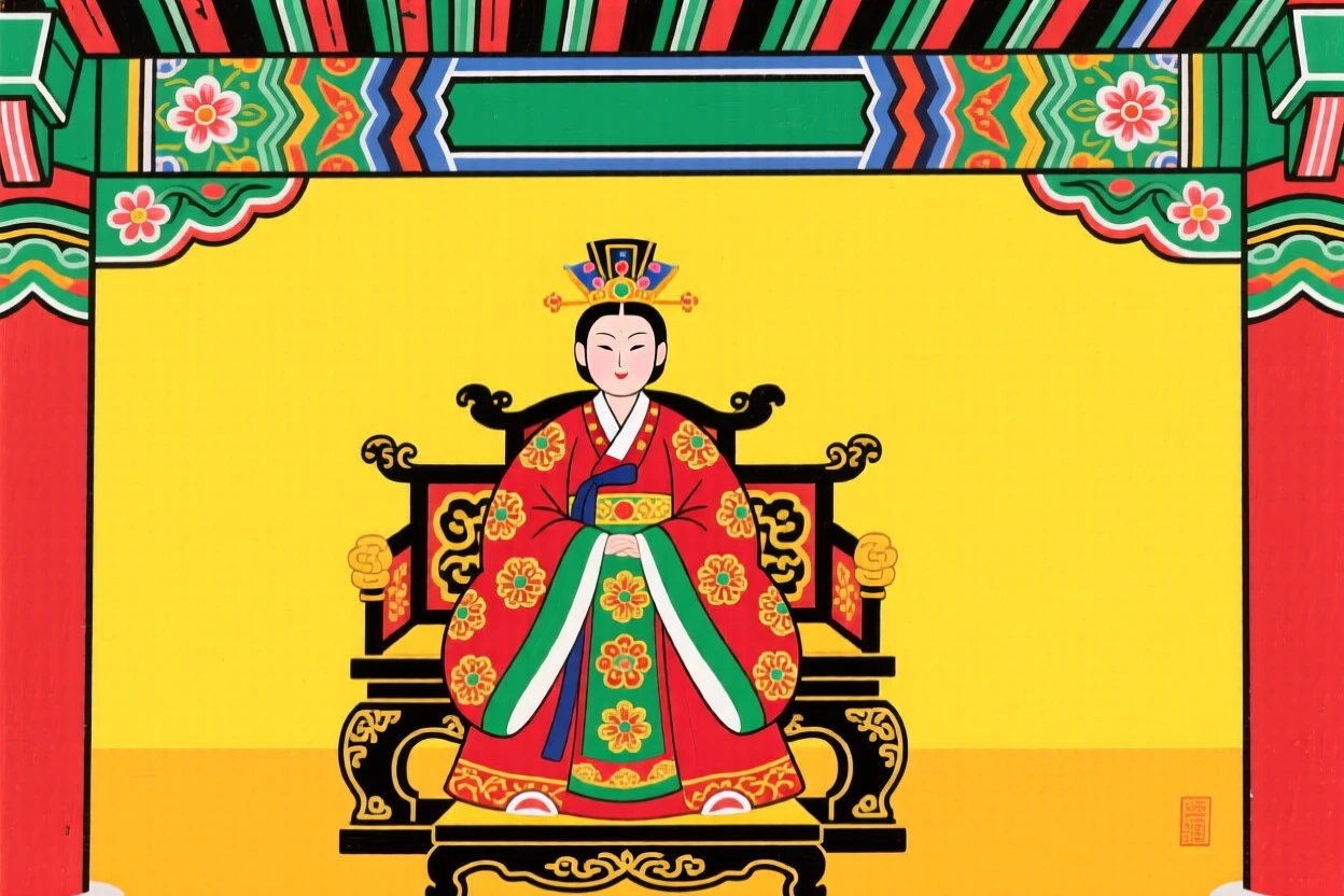 A queen in ceremonial robes seated on a throne beneath painted palace beams.
