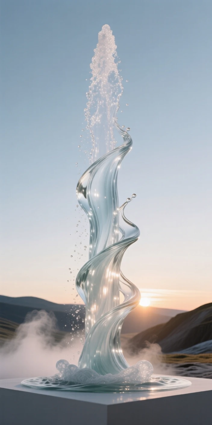 A geyser erupting in a tall column against the sky beneath the soft glow of a setting sun, while mist rises slowly from the valley below