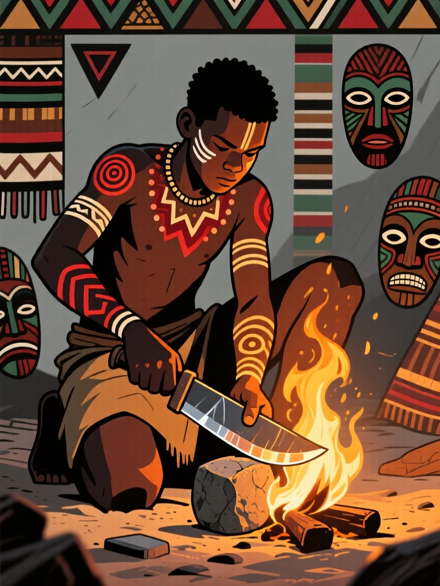 A young man sharpening a blade by firelight.