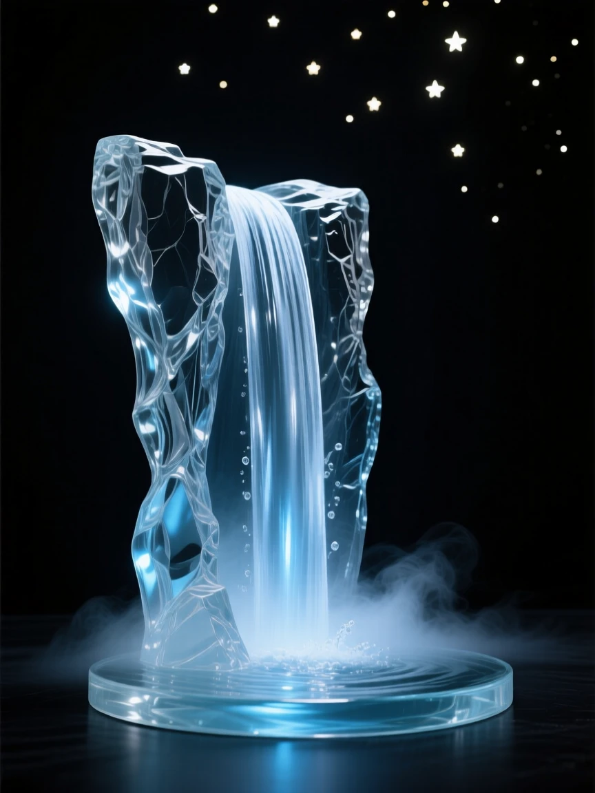 A waterfall cascading down a sheer cliff into a misty pool, beneath a blanket of stars just beginning to appear