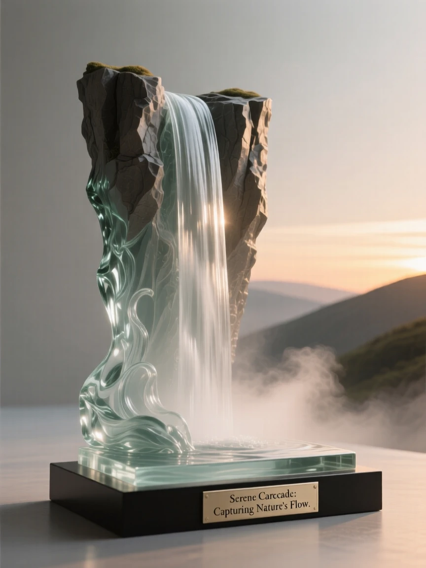 A waterfall cascading down a sheer cliff into a misty pool beneath the soft glow of a setting sun, while distant thunder rolls beyond the far ridge