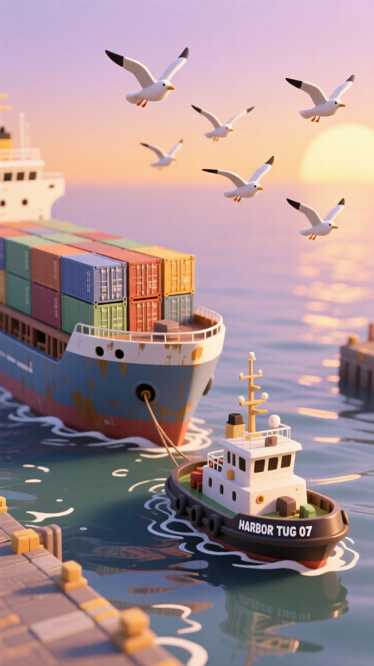 A tugboat guiding a massive cargo ship into harbor at sunset, waves rippling behind, and gulls wheeling overhead.