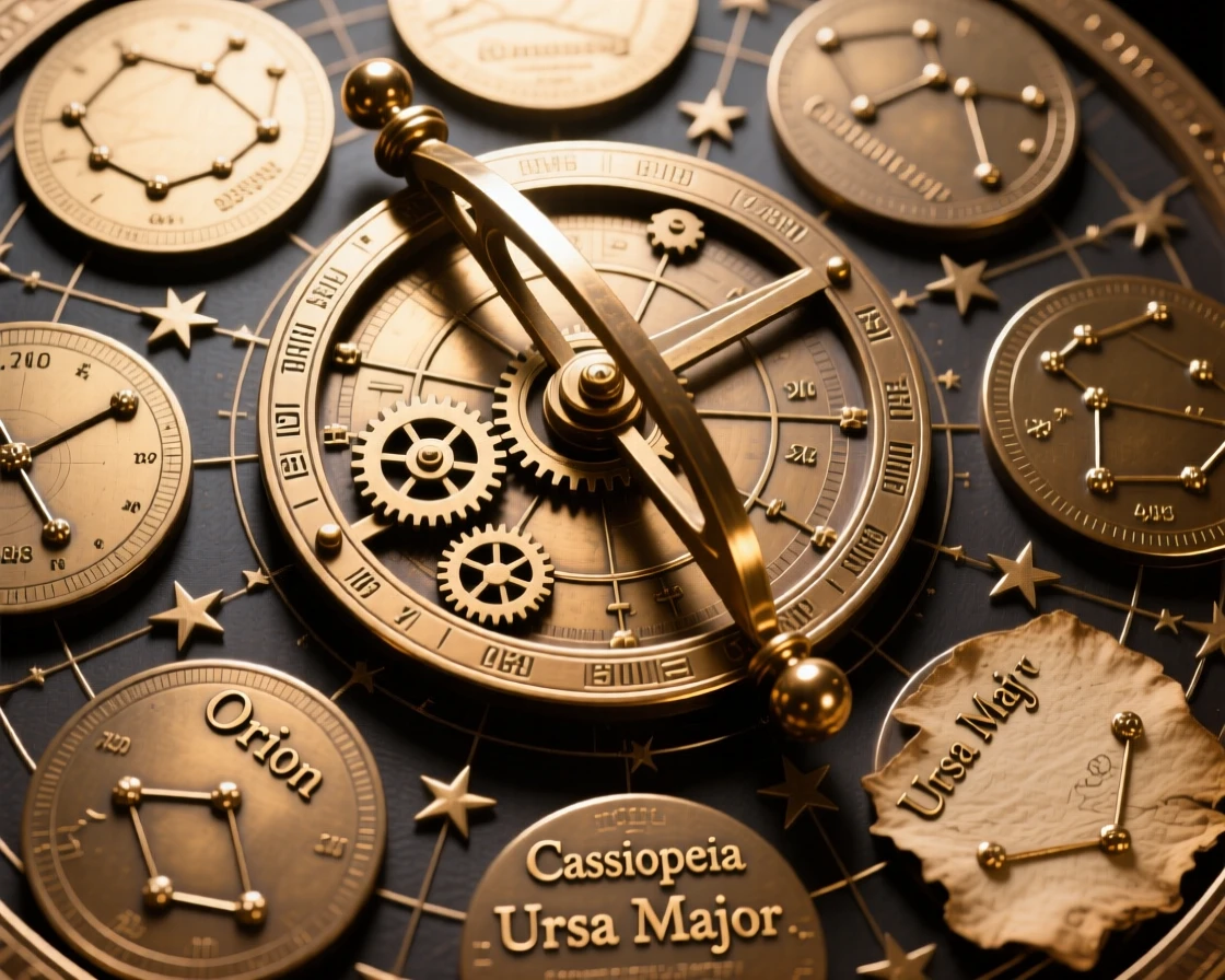 An antique brass astrolabe surrounded by star charts, capturing a sense of timeless luxury, radiating elegance and refinement