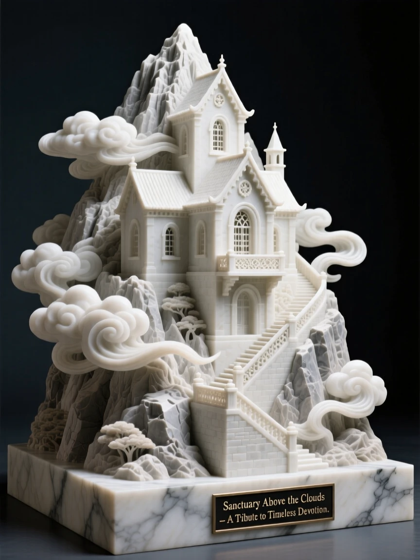 A striking, atmospheric depiction of a mountaintop monastery wrapped in clouds, showcasing timeless elegance and grandeur