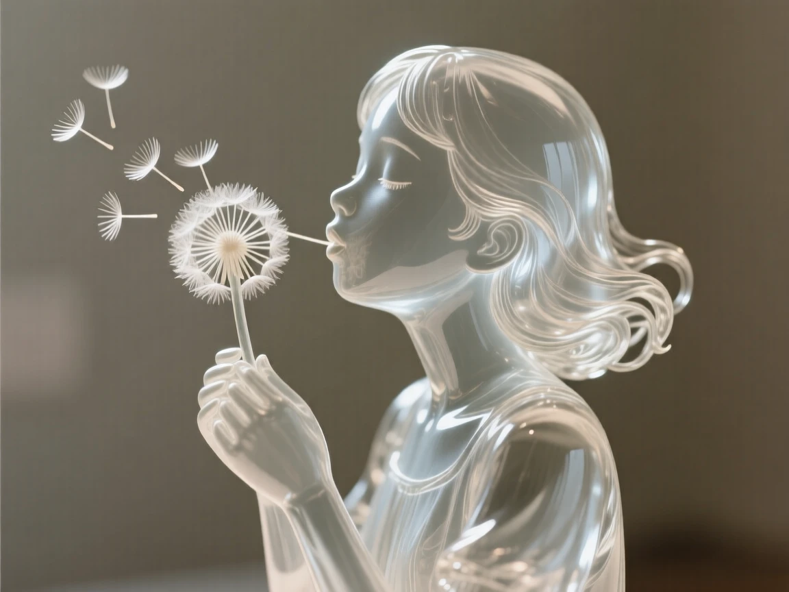 A young girl blowing dandelion seeds into the wind set against a simple blurred background, dramatic side lighting carving out the features, mood tender and heartfelt.