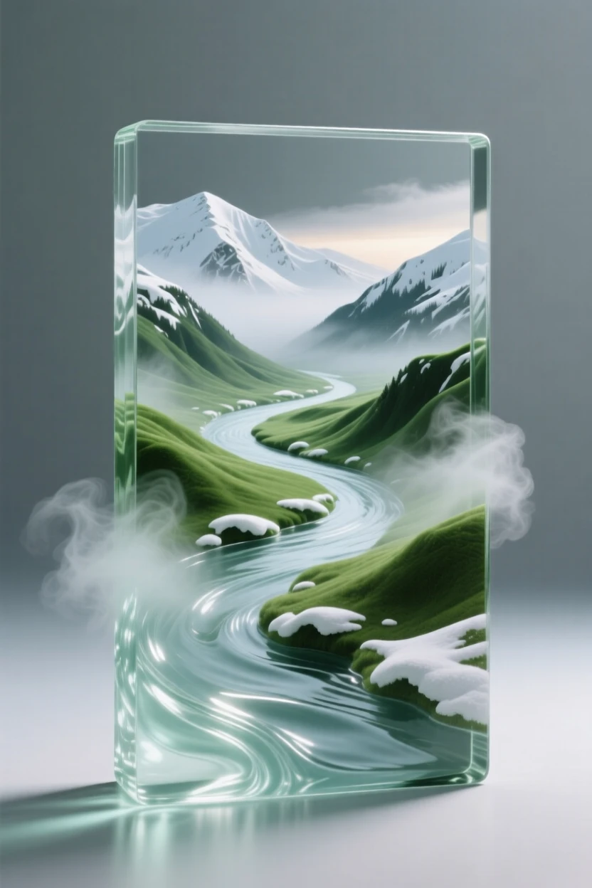 A river winding slowly through a wide green valley with snow beginning to dust the surrounding ridgeline, while mist rises slowly from the valley below