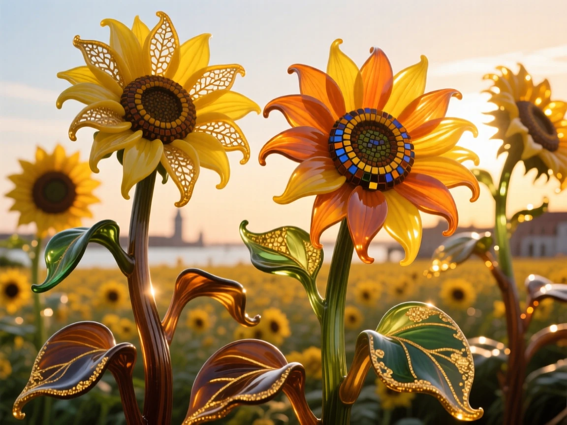 A field of sunflowers turning to follow the sun at golden hour, joyful and radiant.