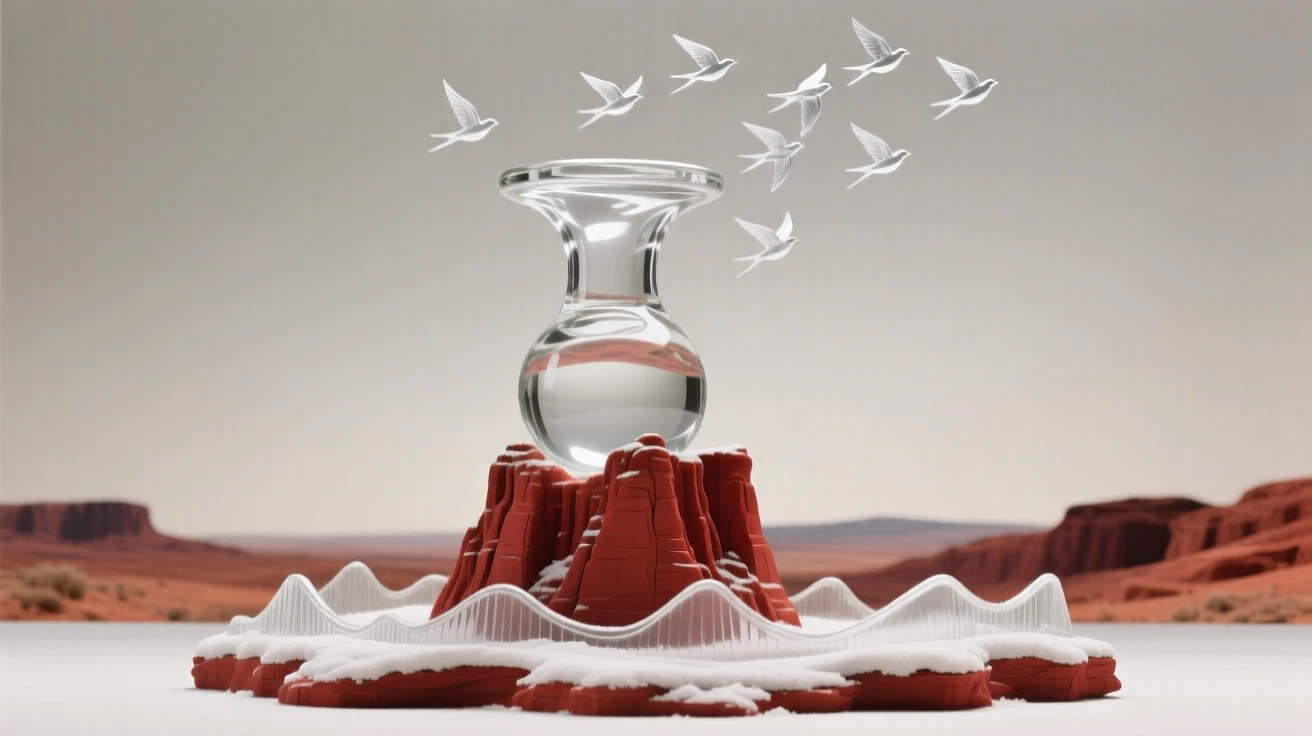 A hoodoo formation rising from a red rock desert with snow beginning to dust the surrounding ridgeline, while a flock of birds crosses the open sky