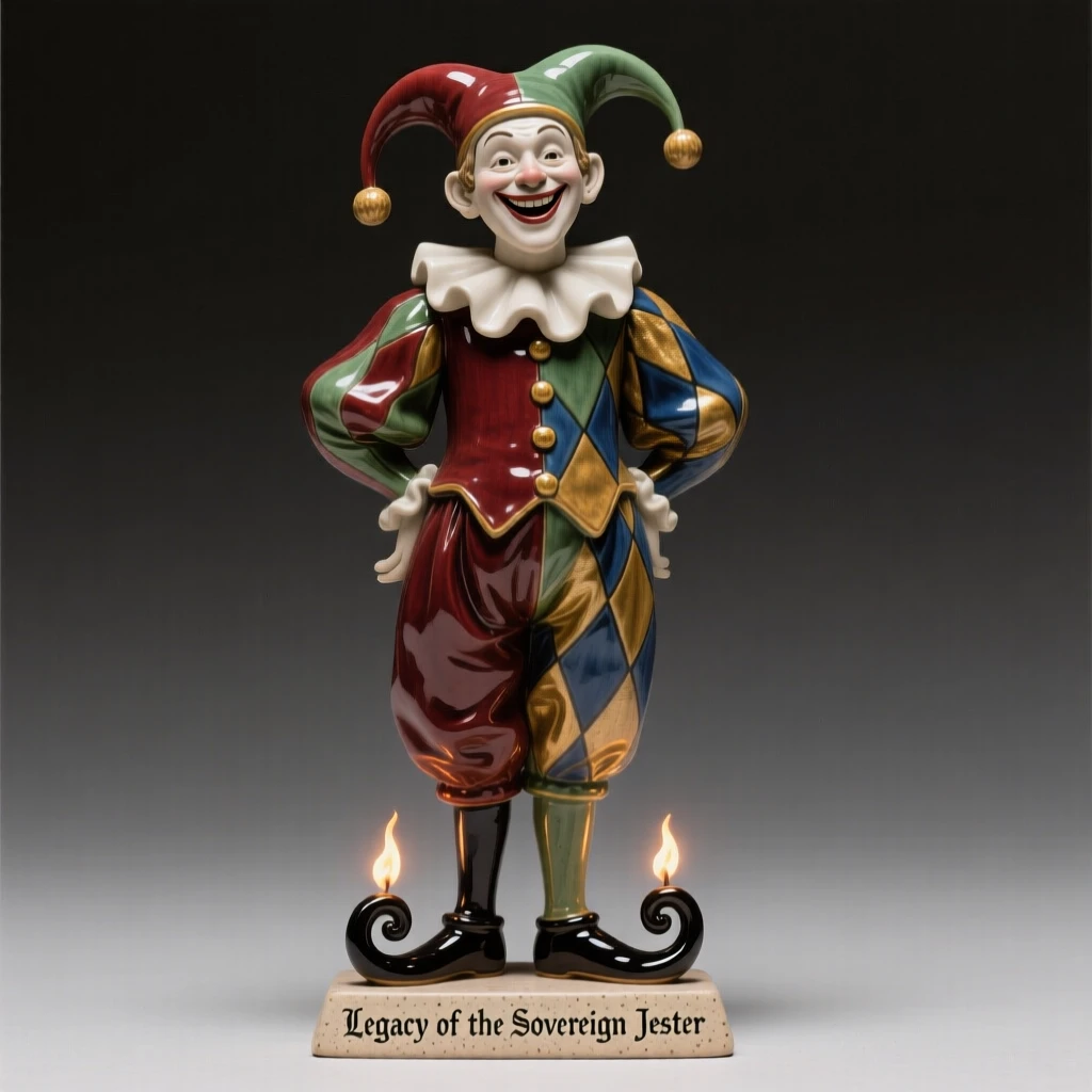 A court jester mid-jest with a mischievous grin captured mid-ceremony with solemn dignity, lit by flickering torchlight, conveying quiet authority and enduring legacy.