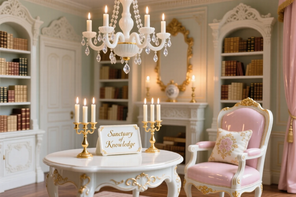 The ornate interior of a candlelit library, chandeliers casting warm light across the room.
