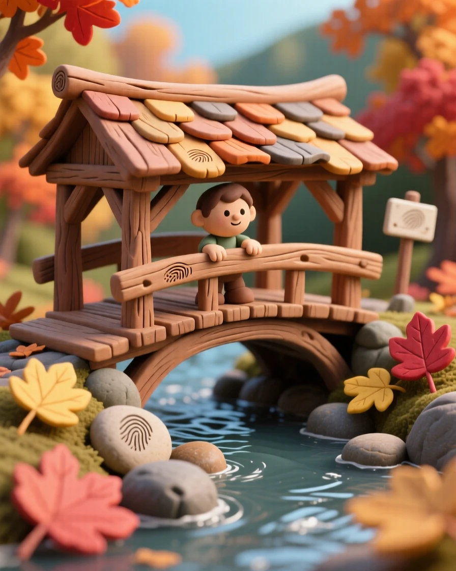 A rustic covered bridge crossing a stream in autumn foliage