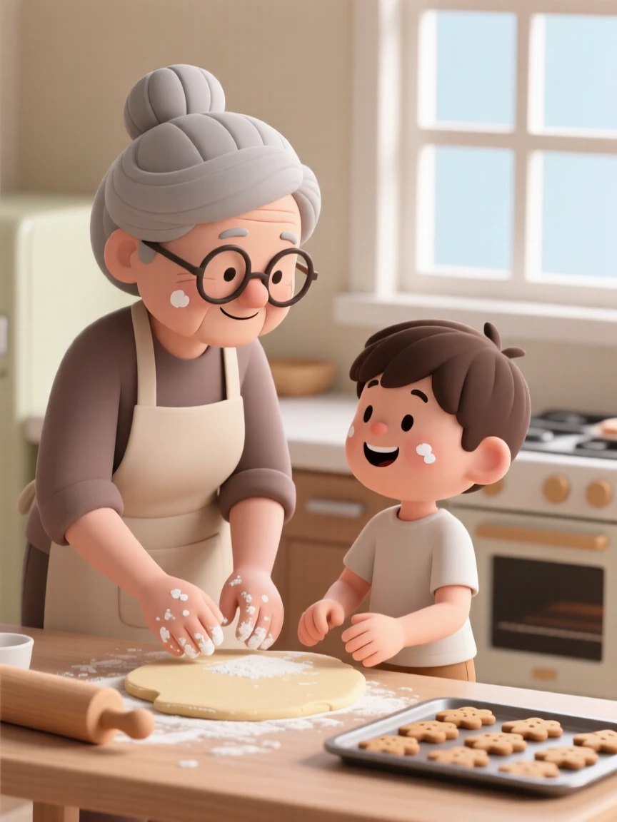A grandmother and grandson bake cookies together, flour smudged on both their happy faces in a warm kitchen.