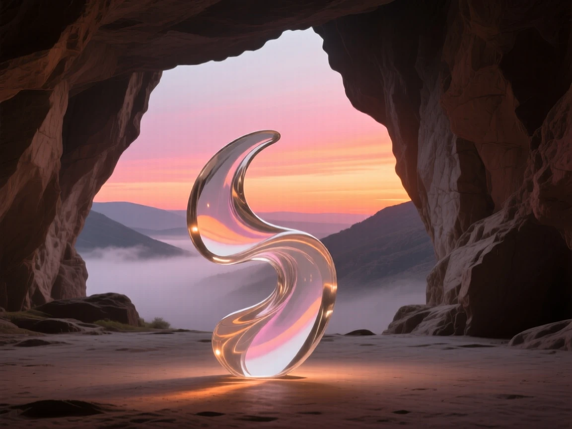 With the horizon glowing in shades of orange and pink, a cave lined with towering rock formations, while mist rises slowly from the valley below