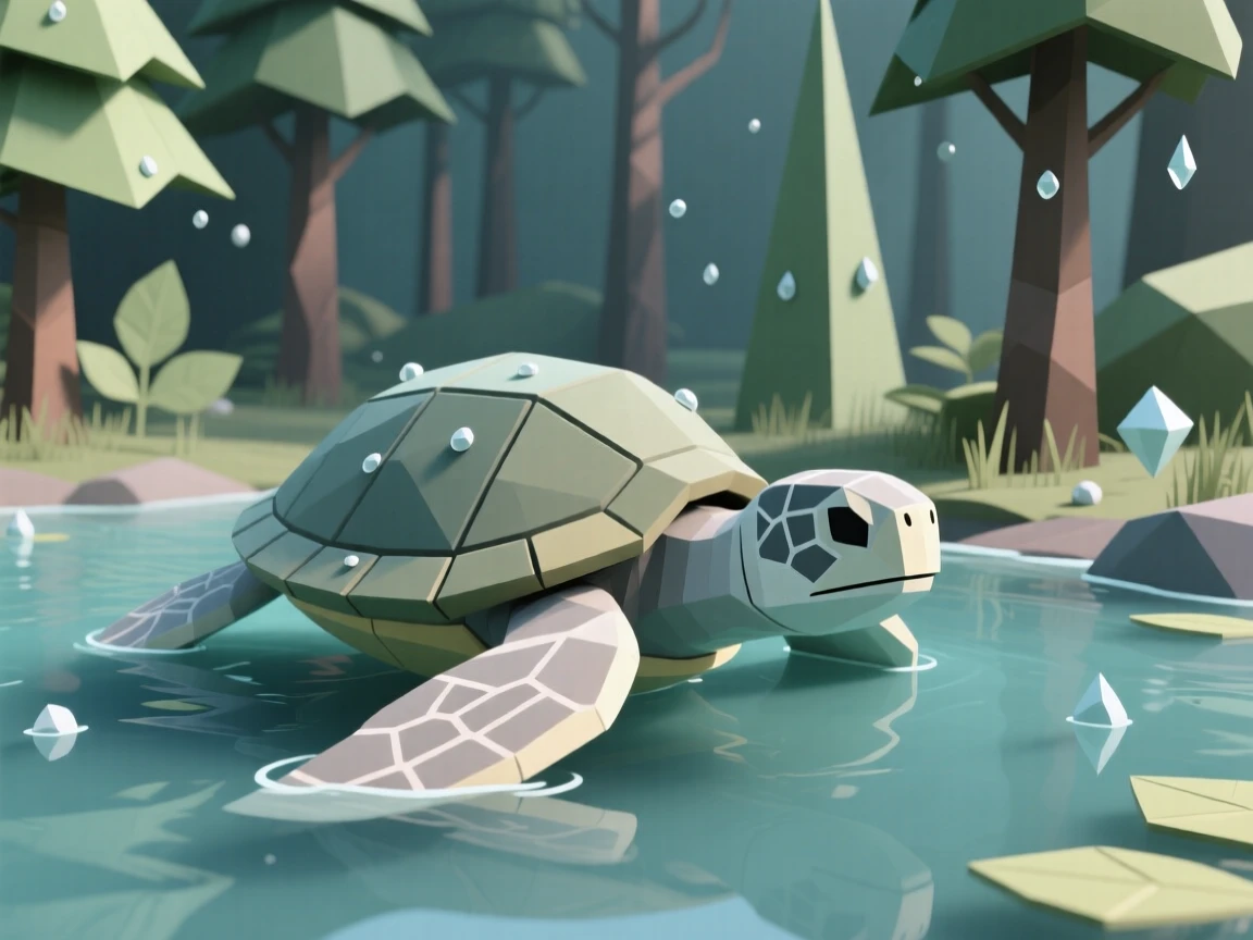 A sea turtle gliding gracefully through clear water, in a quiet, dew-covered forest. delicate detail is visible in the fur and eyes. The atmosphere is wild and untamed.