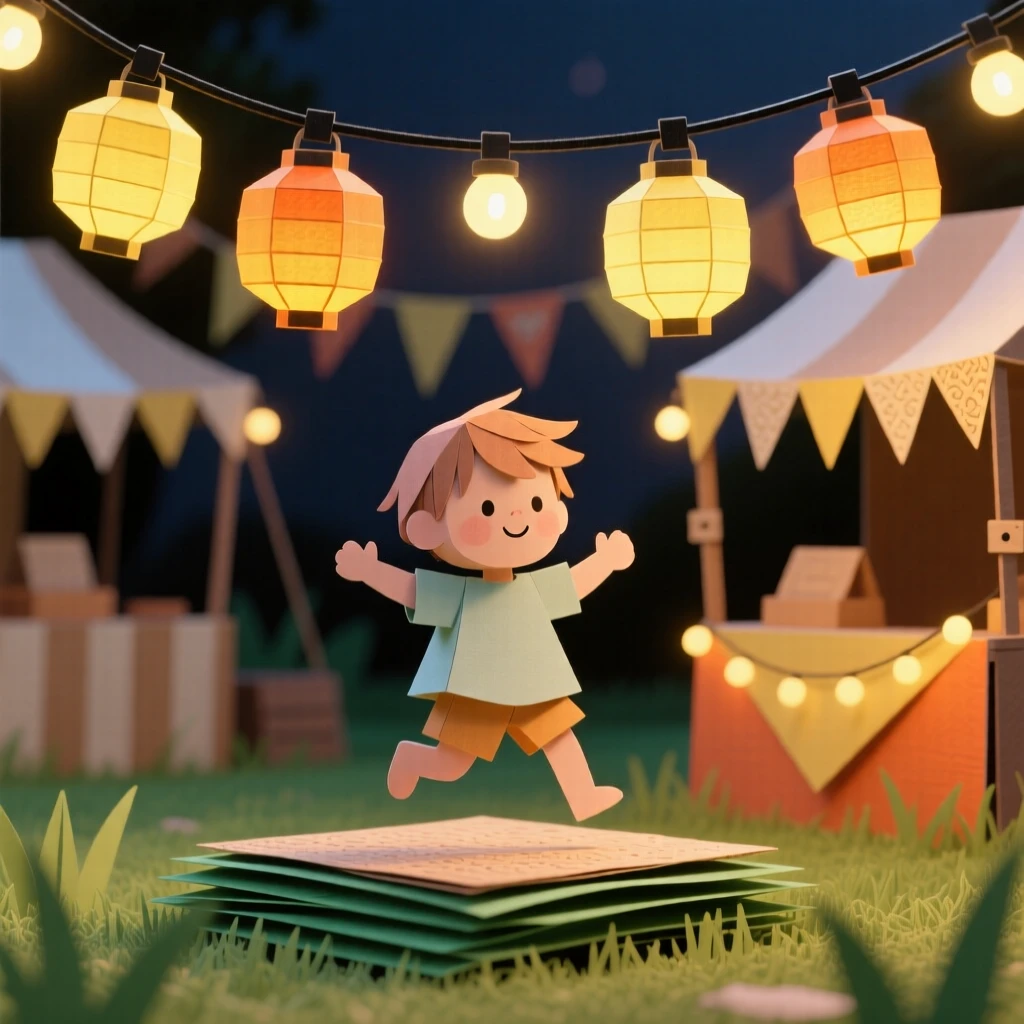 A curious toddler dancing beneath string lights at an evening festival, with warm golden light wrapping around them, evoking warmth and quiet connection.