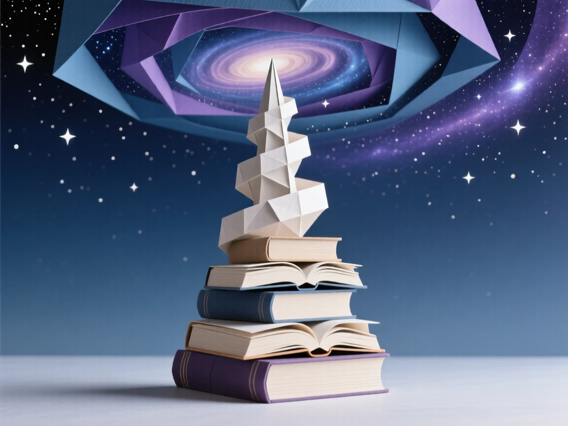 A tower of books spiraling endlessly upward into a swirling galaxy sky.
