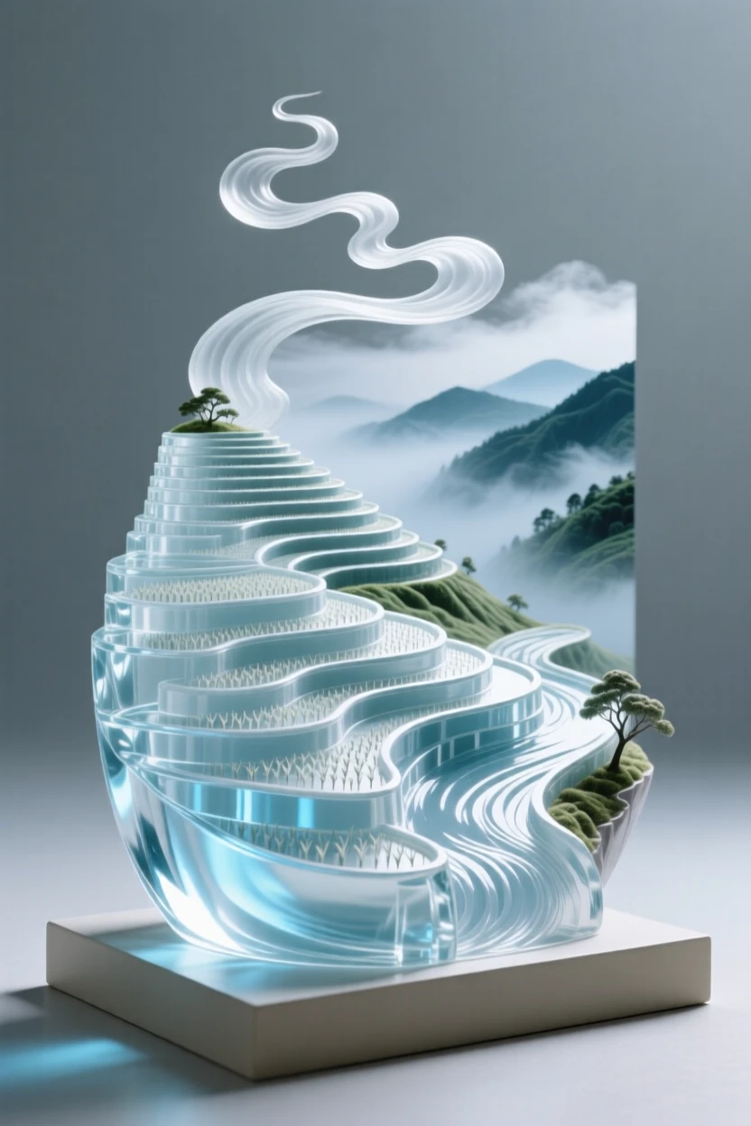 With mist curling low across the valley floor, a series of terraced rice paddies climbing a hillside, while mist rises slowly from the valley below