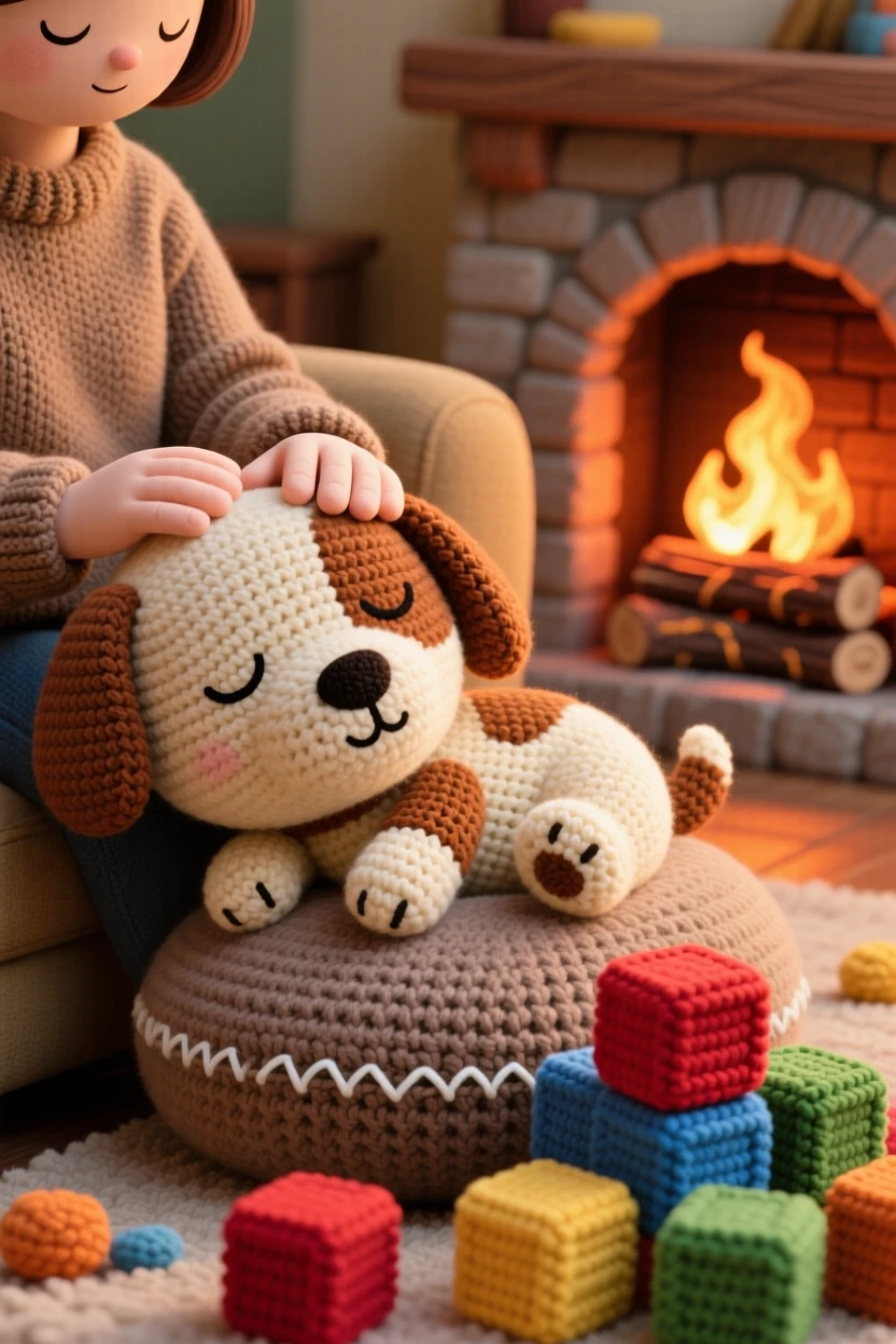 a content dog resting its head on an owner's lap, with eyes closed contentedly, is shown enjoying a gentle head scratch within a warm living room lit by a crackling fireplace beside a scattering of colorful toy blocks, capturing gentle contentment in a small daily ritual.