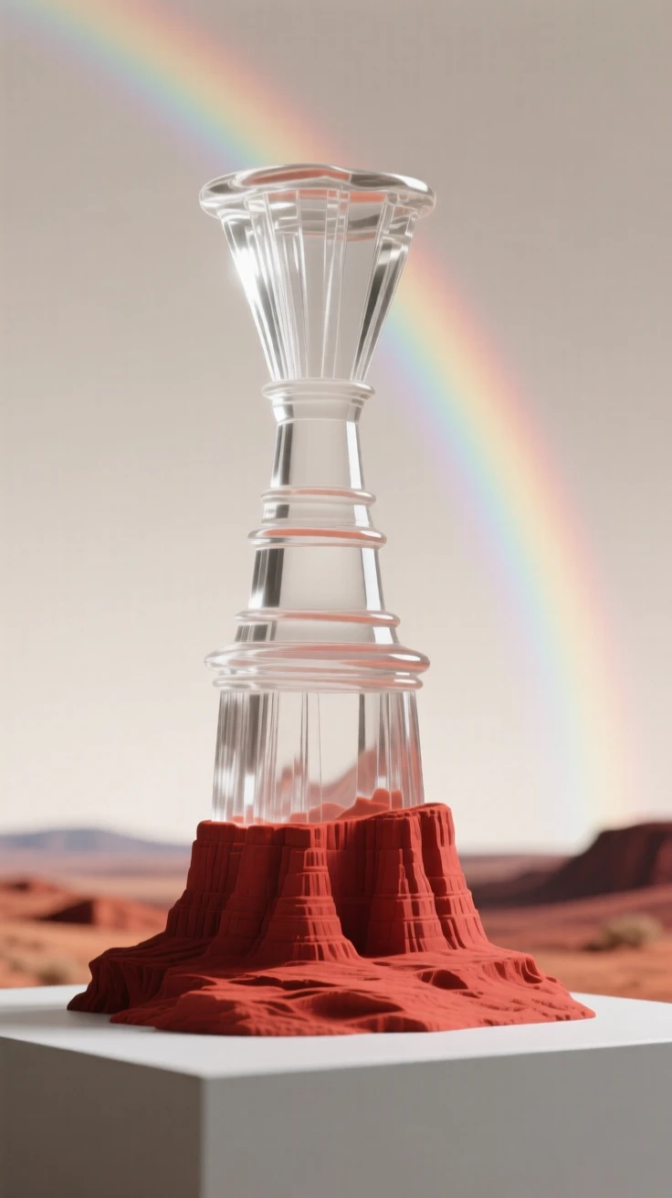 A hoodoo formation rising from a red rock desert with a distant rainbow arching across the sky
