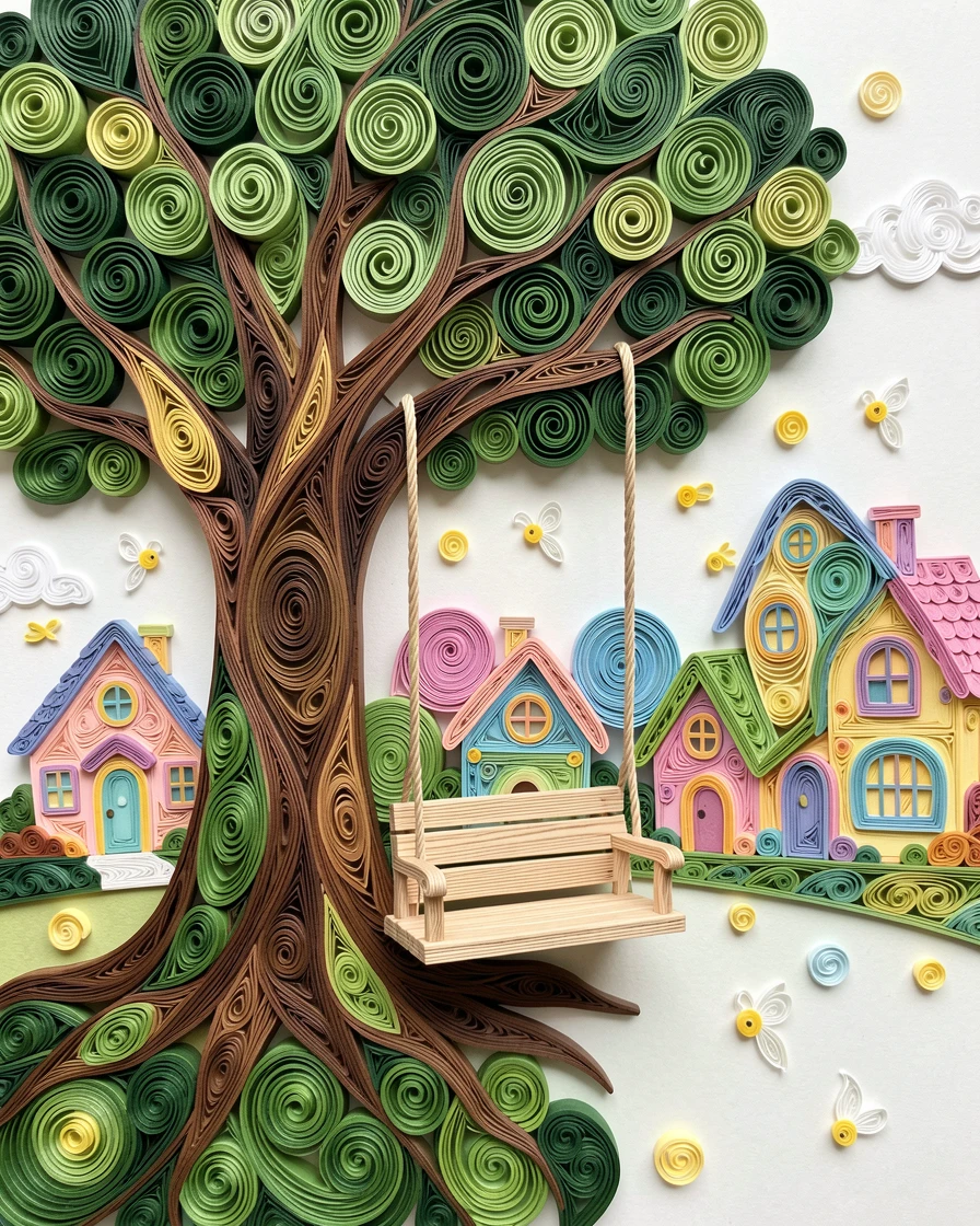 a garden swing hanging from a big friendly tree, in a whimsical storybook village, composed with playful, bouncy rounded shapes throughout, with tiny glowing fireflies scattered about.