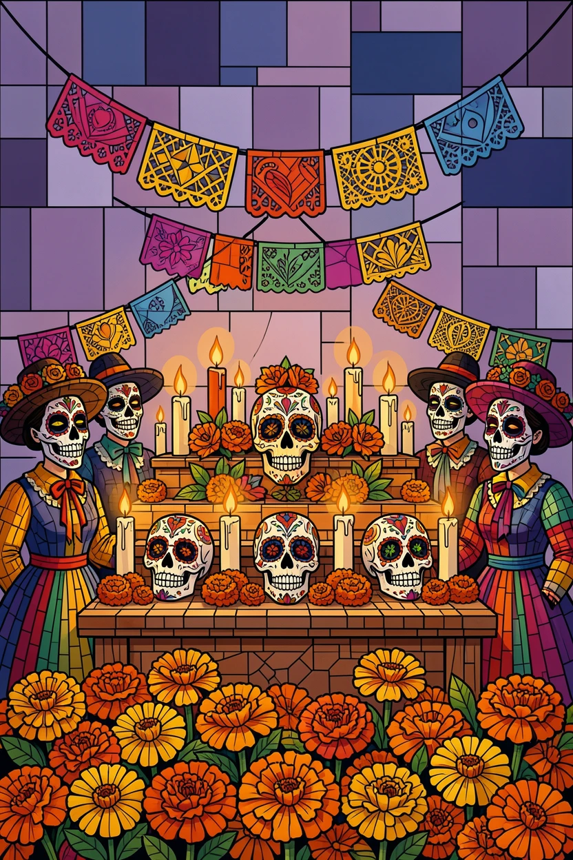 A vibrant, festive scene of a Day of the Dead celebration with candlelit altars and marigold flowers, rich in color and cultural detail.