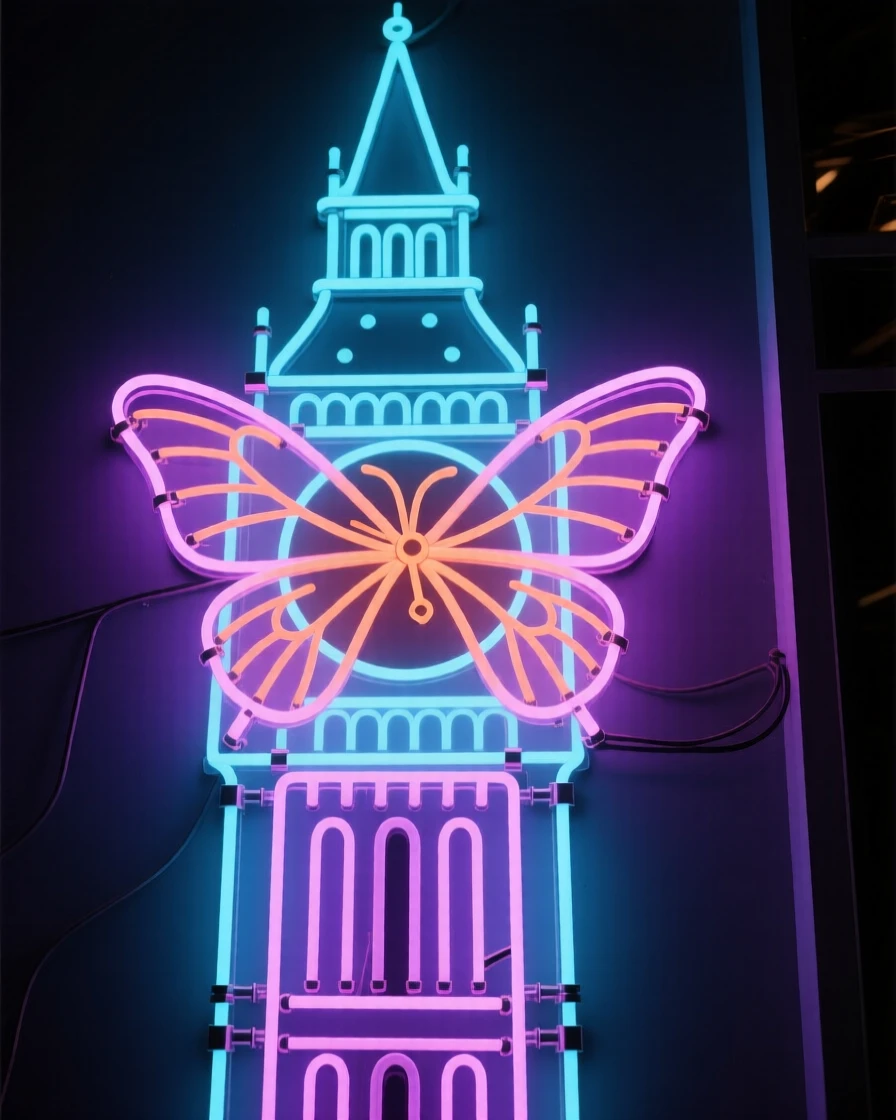 A clock tower where the hands are made of butterfly wings.