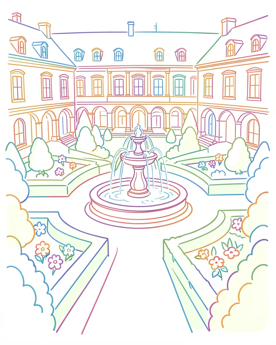 A grand palace courtyard with manicured gardens and a central fountain.