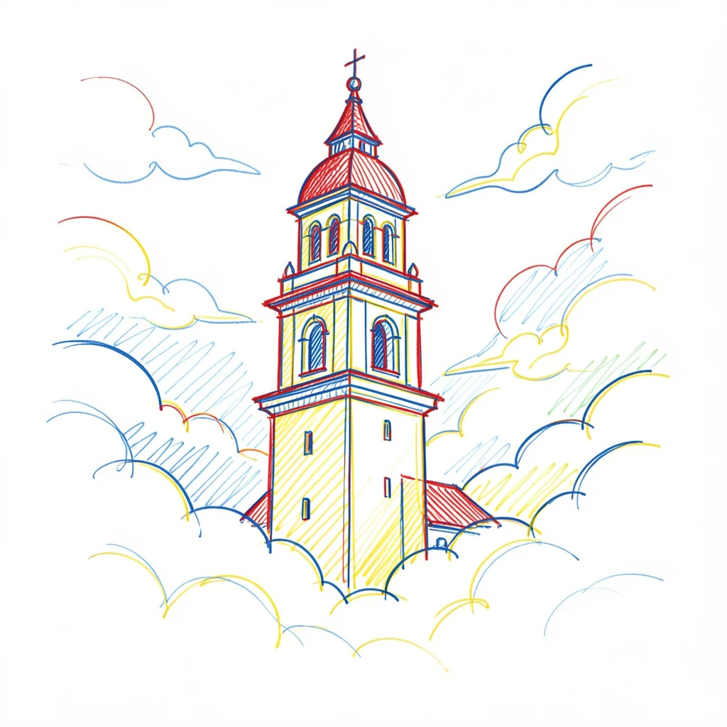 A grand mountain monastery bell tower rising above swirling clouds