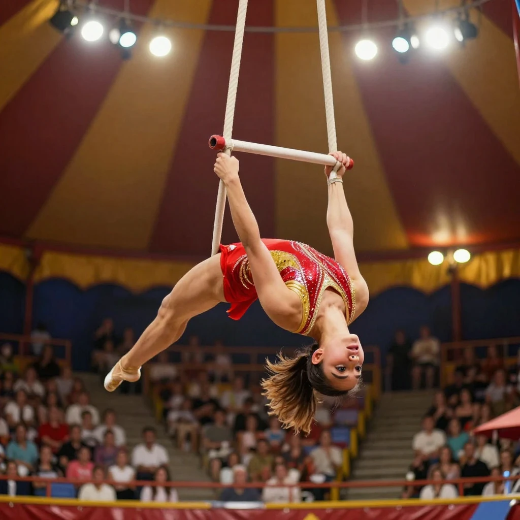 A circus acrobat suspended mid-flip on a trapeze