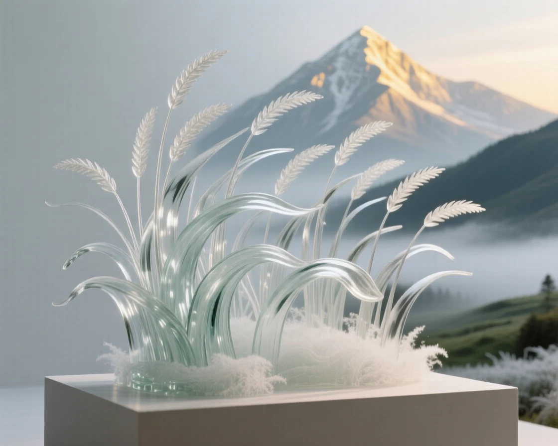 A field of tall grass rippling like waves in the wind as the first light of dawn touches the peaks above, while mist rises slowly from the valley below