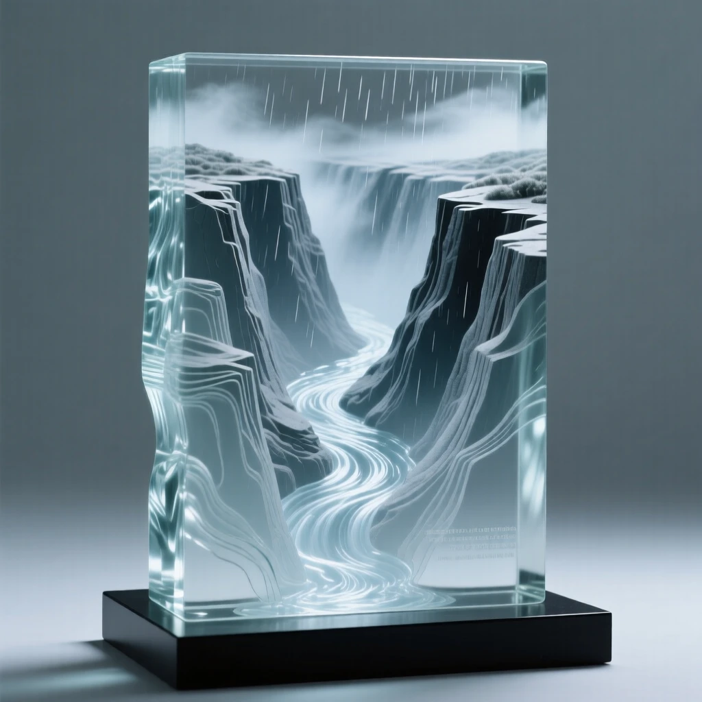 A canyon carved deep by centuries of flowing water, as a gentle rain moves slowly across the landscape