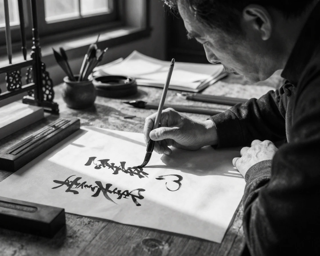 A calligrapher brushes elegant characters onto rice paper in a sunlit study.