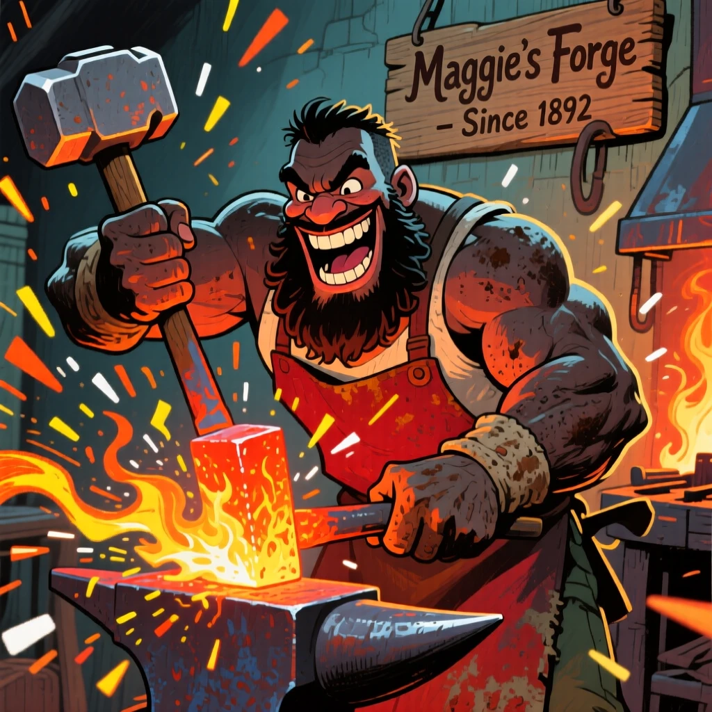 A blacksmith hammering a glowing piece of metal, sparks flying with each strike.