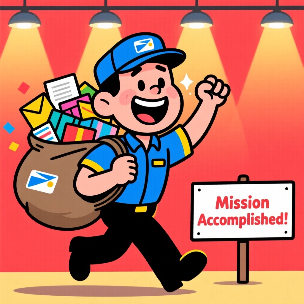 A vibrant profession-themed portrait of a cheerful mail carrier celebrating after finishing a difficult job, under bright overhead lights.