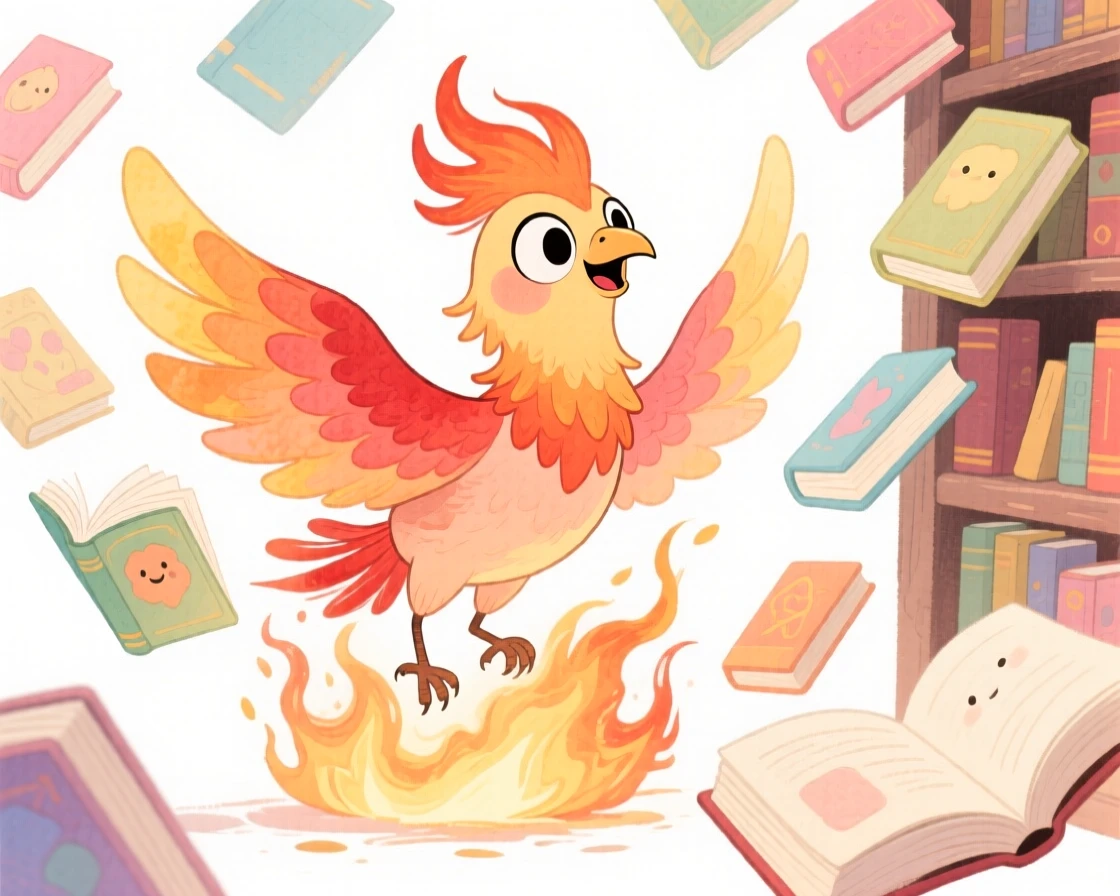 A phoenix rising from embers wandering through a library of floating books