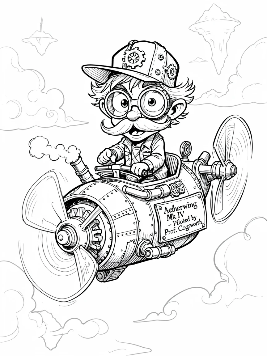 [Fantasy & Imaginative Scenarios] Imaginative fantasy scene of a steampunk inventor piloting a fantastical flying machine, brimming with wonder