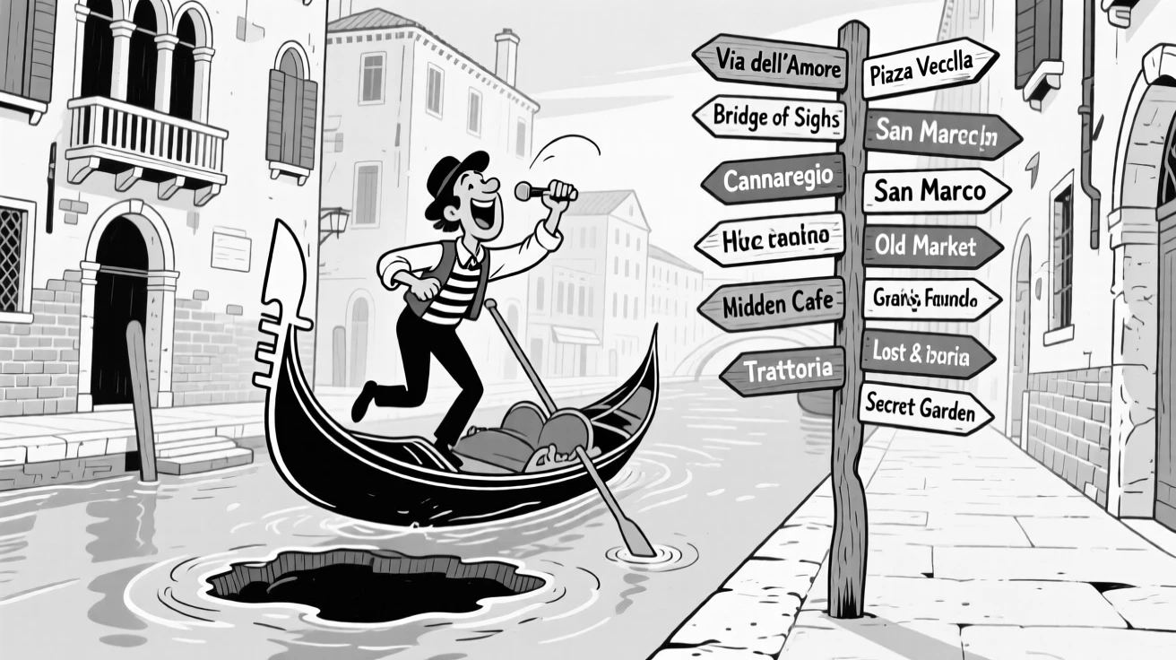 A gondolier singing enthusiastically down a canal, wobbling precariously over a pothole, set gliding down a historic canal lined with old buildings. A weathered signpost lists a dozen mismatched directions. The scene captures the giddy chaos of exploring somewhere new.