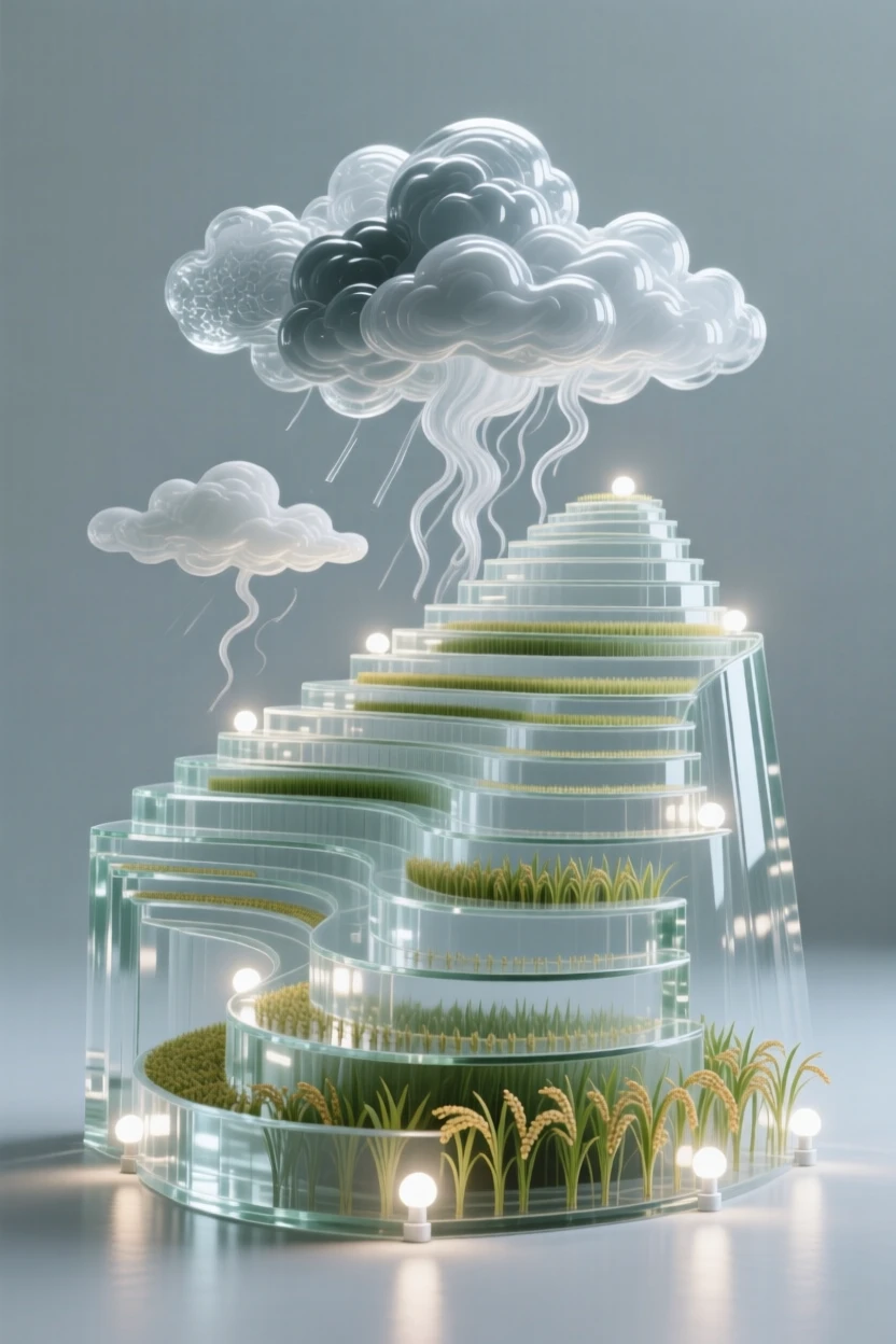 Beneath a sky filled with drifting storm clouds, a series of terraced rice paddies climbing a hillside