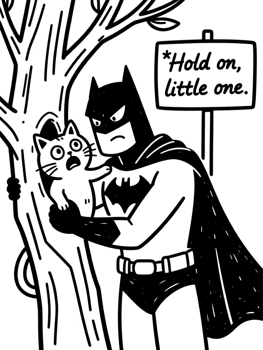 A superhero comforting a scared kitten stuck in a tree before rescuing it.