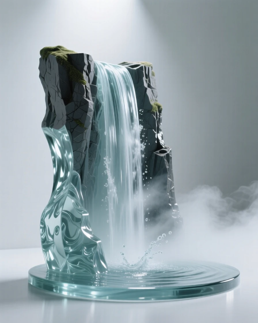 A waterfall cascading down a sheer cliff into a misty pool while distant thunder rolls beyond the far ridge