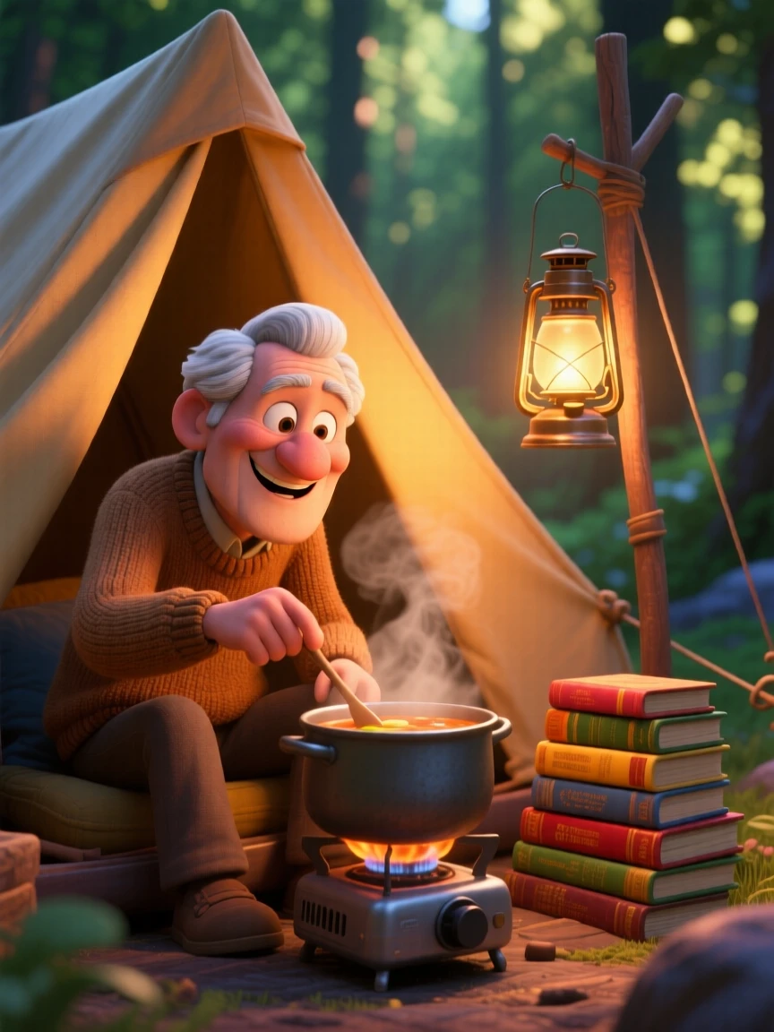 An elderly man with a warm smile sits inside a tent glowing from a lantern, stirring a pot of simmering soup. A gentle nostalgia and calm settle over the scene, with a stack of books piled beside them.