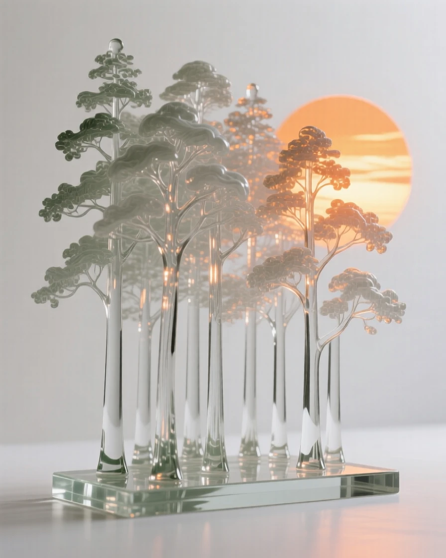 Beneath the soft glow of a setting sun, a forest of towering trees with light filtering through the canopy