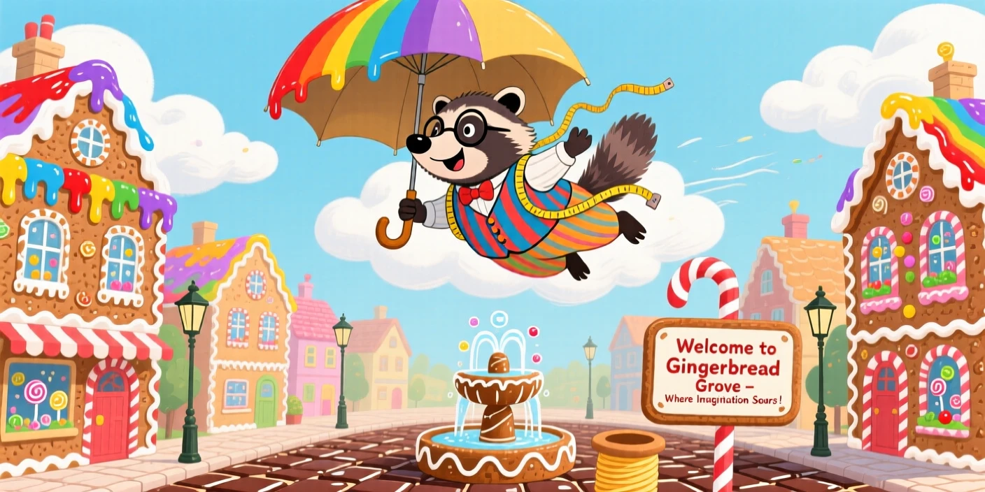 A badger tailor delights in flying through the clouds using an umbrella, tucked within a town square made entirely of gingerbread, with color spilling from every rooftop.