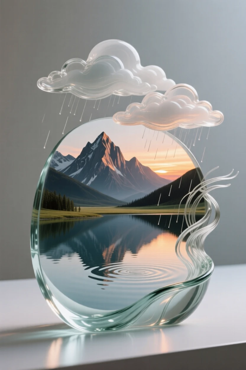 Beneath layers of clouds catching the last light of day, a lake so still it perfectly mirrors the mountains above it, while the wind carries the scent of rain across the plain